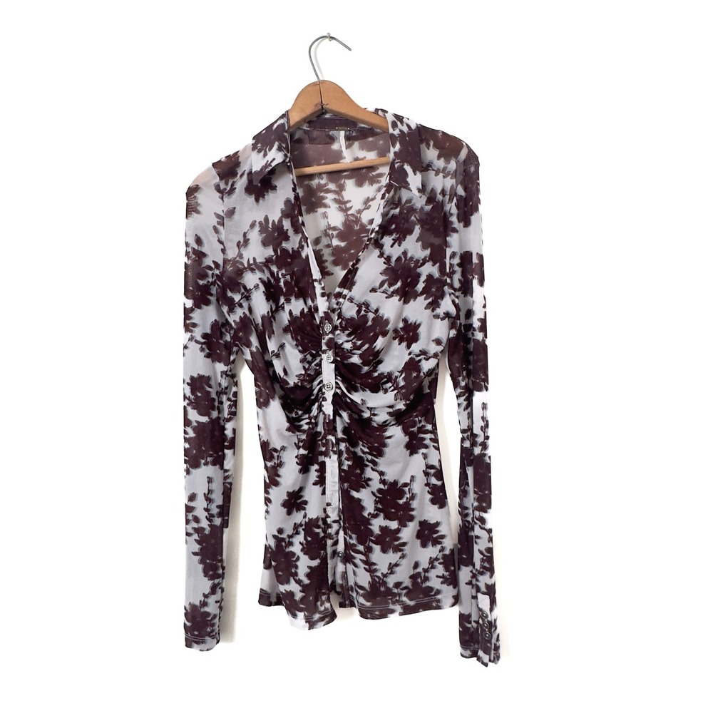 Free People Mesh Floral Ruched Top Brown White - S‎